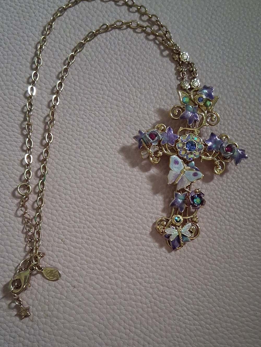Gold-Tone Purple Floral Cross Pendant Necklace - Women Jewelry